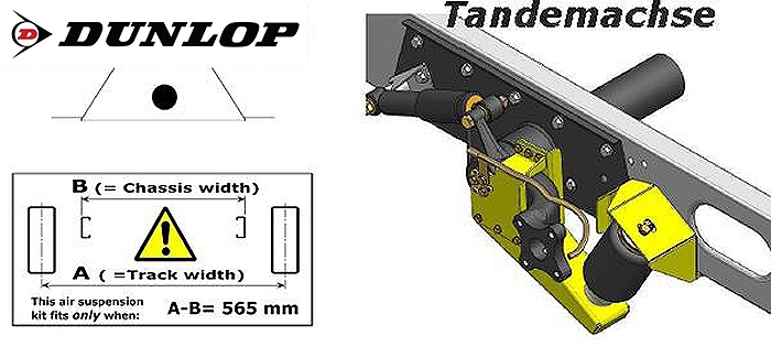 Luftfederung für ALKO (AL-KO)- Chassis- 2011- Standard Radaufnahme- Tandemachse, spez. für auflaufendes Chassis, Zweikreis Zusatz-Luftfederanlage, syst. LF3, inkl. Montage