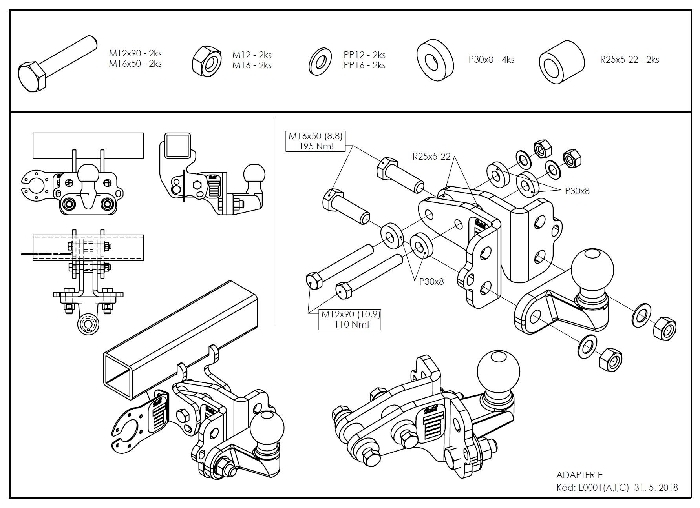 Kugelstange N0406 I/C (für Nissan X-Trail) BOSStow Adaptersatz auf Flanschkugel höhenverstellbar